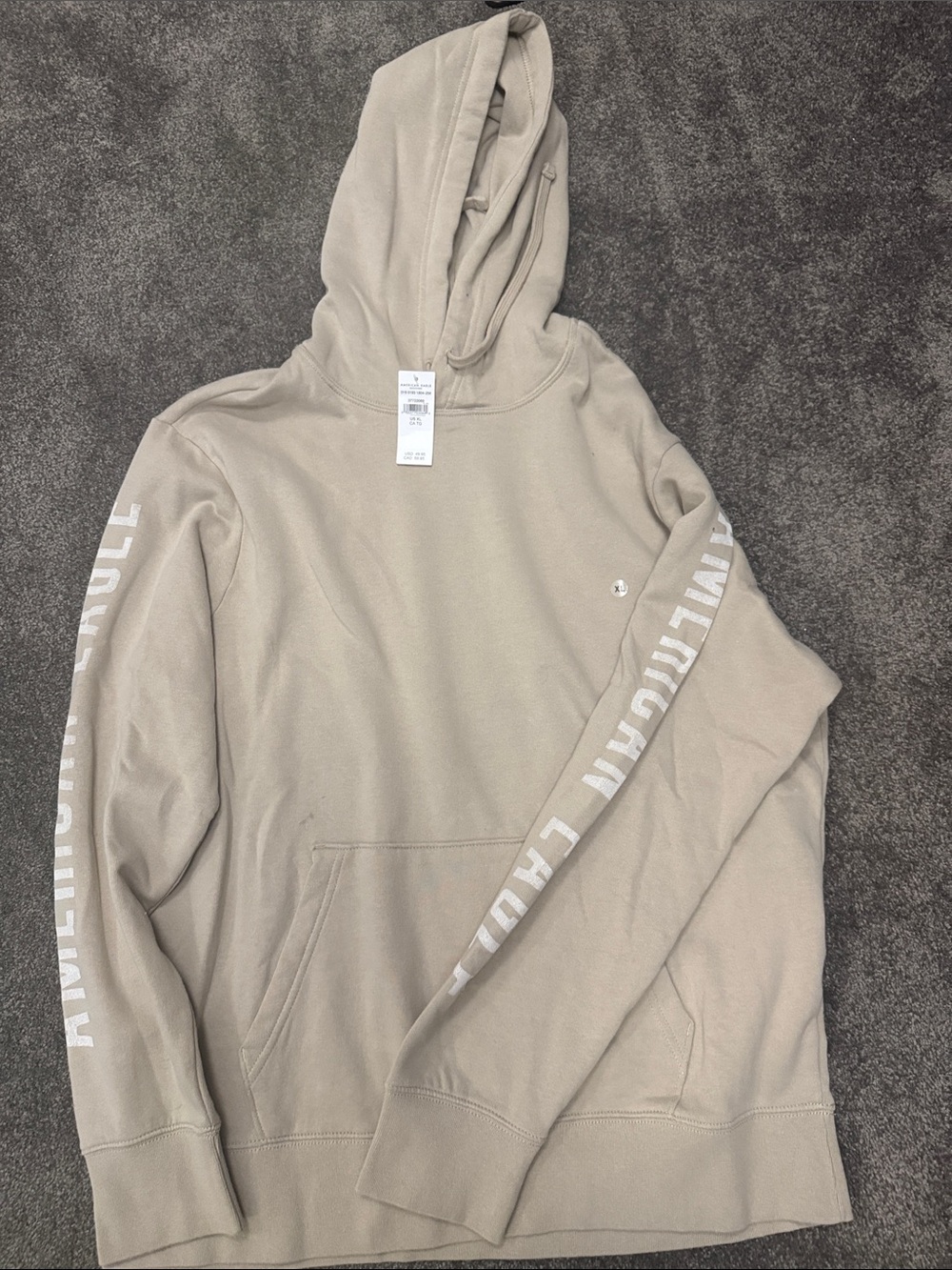 American Eagle Outfitters Tan Hoodie with White Sleeve Text